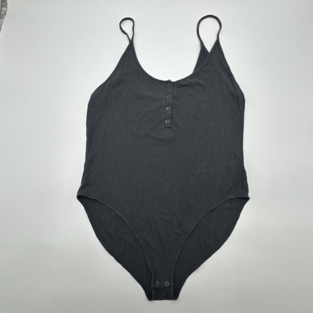 American Eagle Ribbed Dark Gray Bodysuit Button Up Spaghetti Straps Clasp XXL